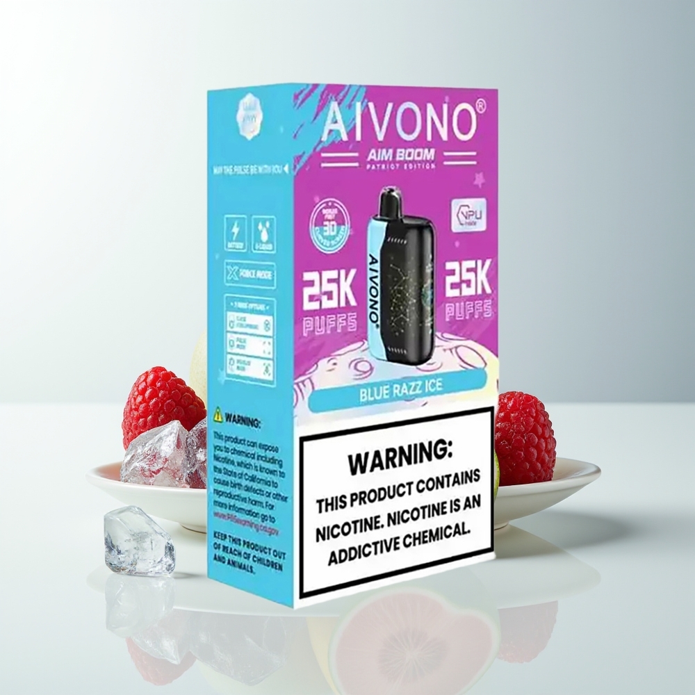 Serbia Wholesale Aivono Aim Boom 25000 Puffs Plavi Malina Led 0% 2% 3% 5% Nikotin 28ml 650mAh 1.2 ohm Mesh Type-C 90g