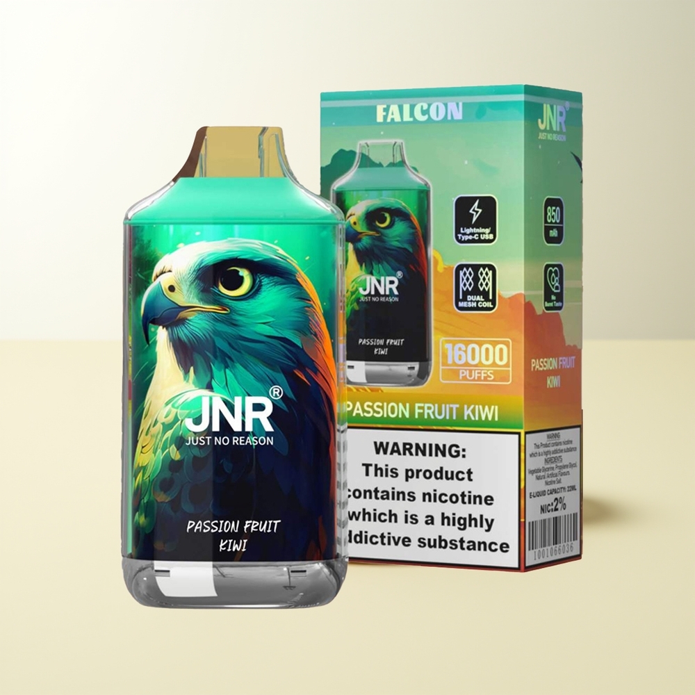 Serbia Wholesale JNR Falcon 16000 Puffs Passion Fruit Kiwi 850mAh 22ml Dual Mesh Coil Type C & Lightning Smart LED Display 0% 2%