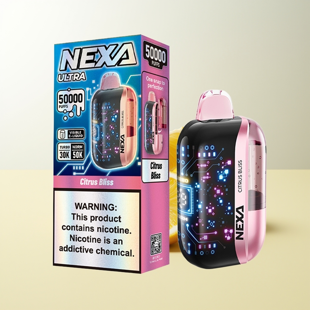 Serbia Wholesale NEXA Ultra 50000 Pufova Citrus Bliss 20ml 800mah 5% Nikotina 0.9ohm Dual Mesh Zavojnica Type-C Punjenje 3D Zakrivljen Ekran