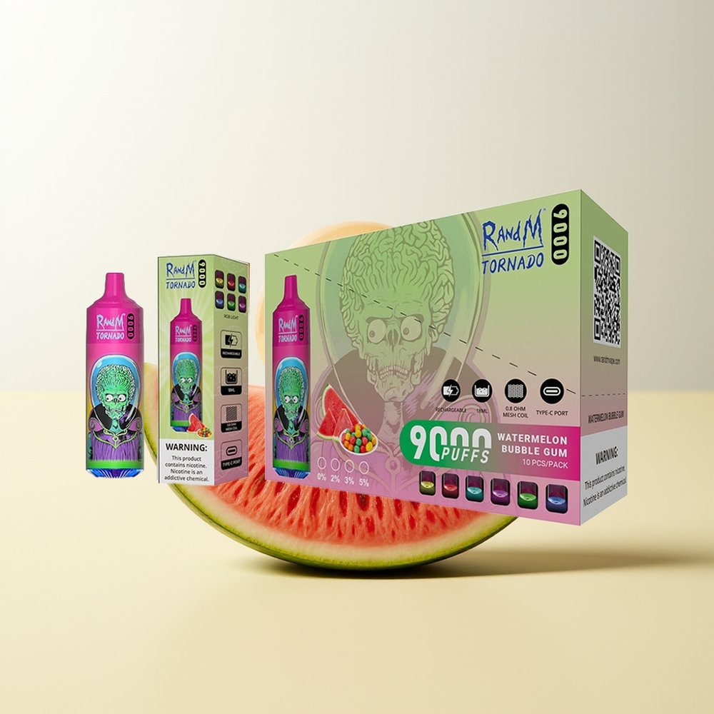 Serbia Wholesale RandM Fumot Tornado 9000 Puffs Bubanj Dinje Bubble Gum 850mAh 18mL Mesh Coil RGB Display