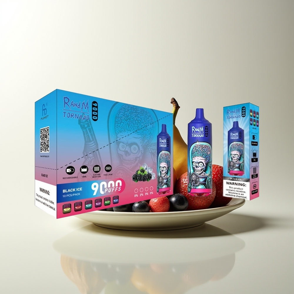 Serbia Wholesale RandM Fumot Tornado 9000 Puffs Crna Ledena (Black Ice) sa 850 mAh Punjivom Baterijom 18 mL Techničke Tečnosti Mesh Coil i RGB Ekranom