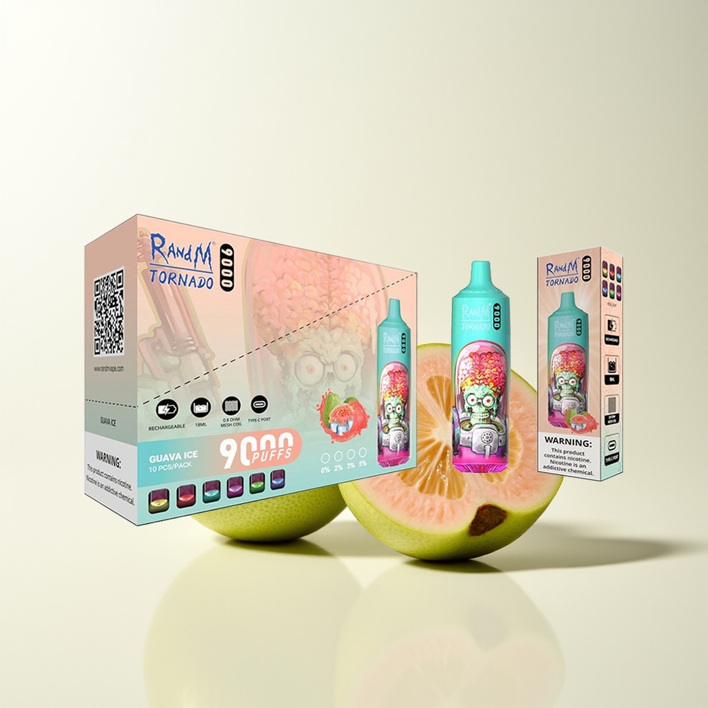 Serbia Wholesale RandM Fumot Tornado 9000 Puffs Guava Ledena 850mAh 18mL Mesh Coil RGB Display
