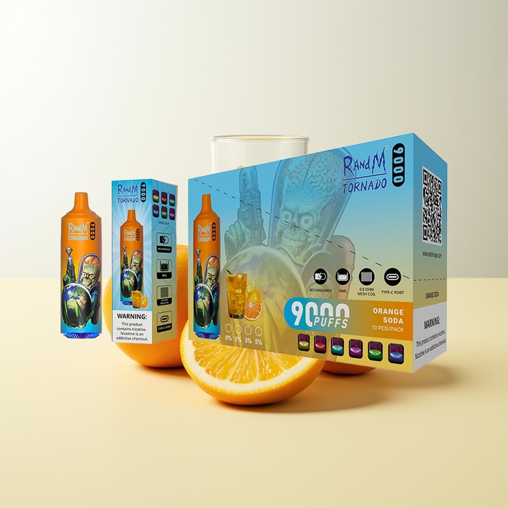Serbia Wholesale RandM Fumot Tornado 9000 Pufova Narandžasta Soda 850 mAh Punjiva 18 mL Mrežasti Kalem RGB Ekran 54 Aroma