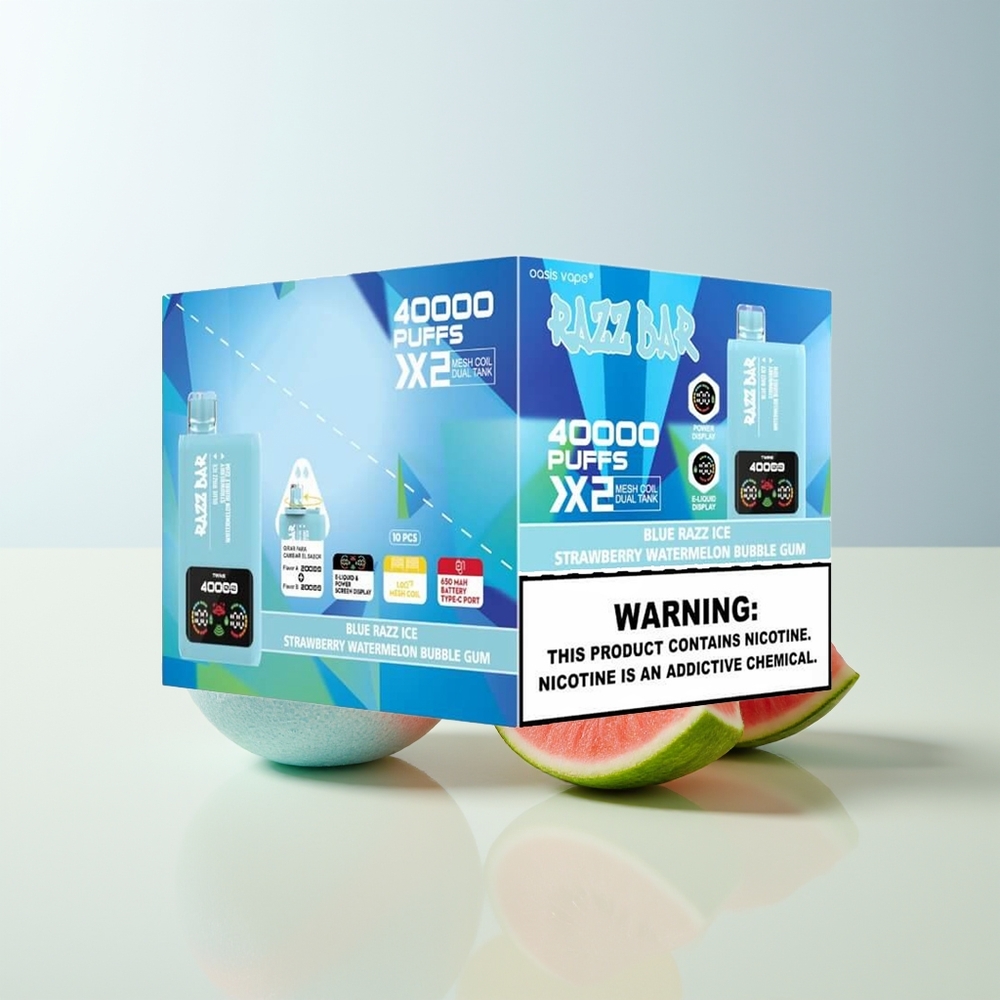 Serbia Wholesale Razz Bar 40000 Pufova Plava Malina Led-Jagoda Lubenica Žvakaća Guma Power Screen Display 1.0Ohm 2 Mesh Coil 650 Mah Battery Type-C Port