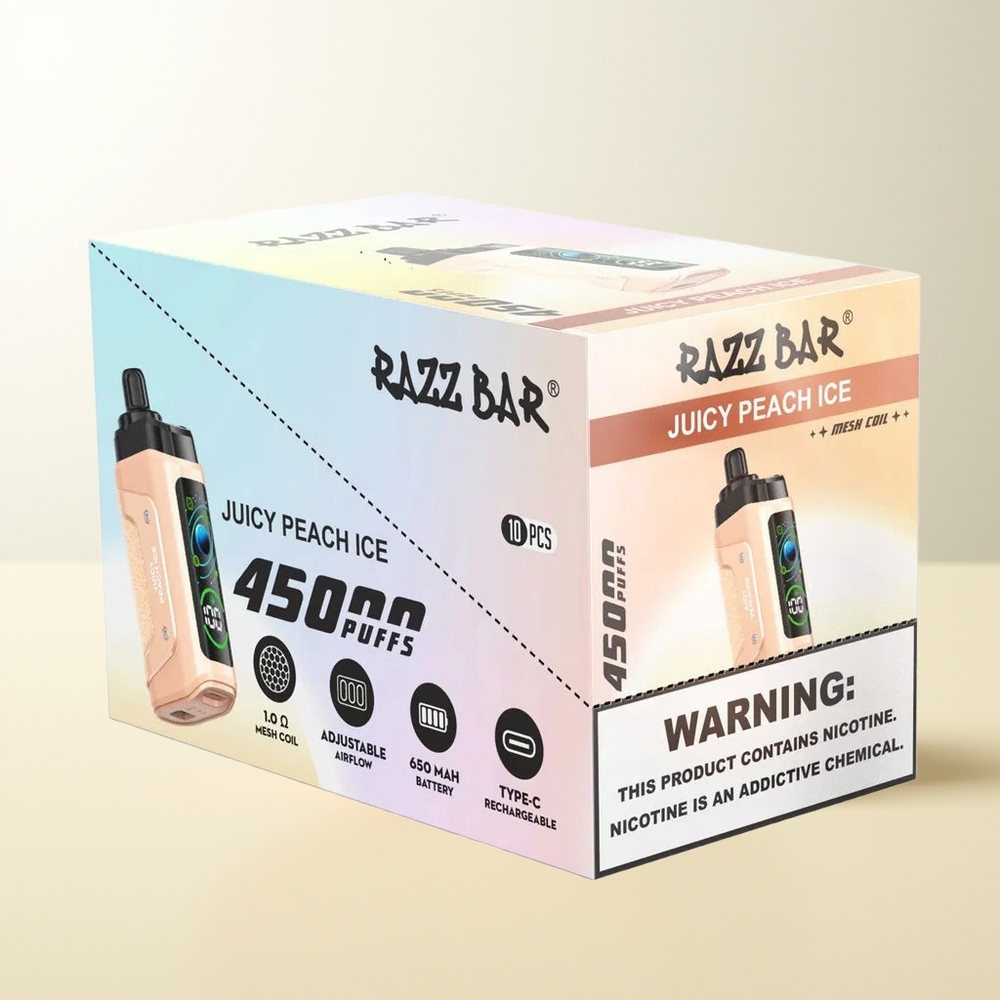 Serbia Wholesale Razz Bar 45000 Pusta Ukus Breskve i Leda Mesh Coil 1.0 Ohm Podešavanje Protoka Vazduha 650 mAh Baterija Type-C Punjenje 20 mg/ml Nikotina